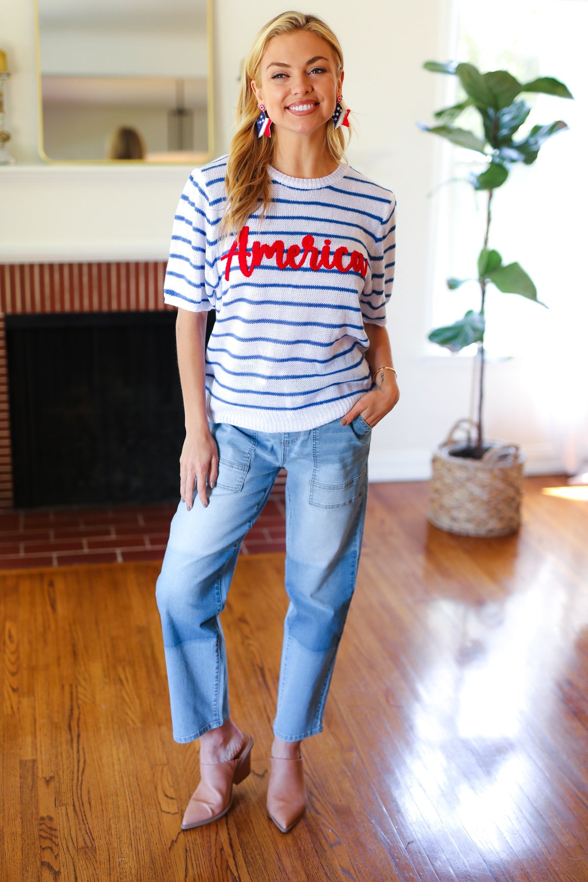 America Proud Blue Striped Embroidered Puff Sleeve Top
