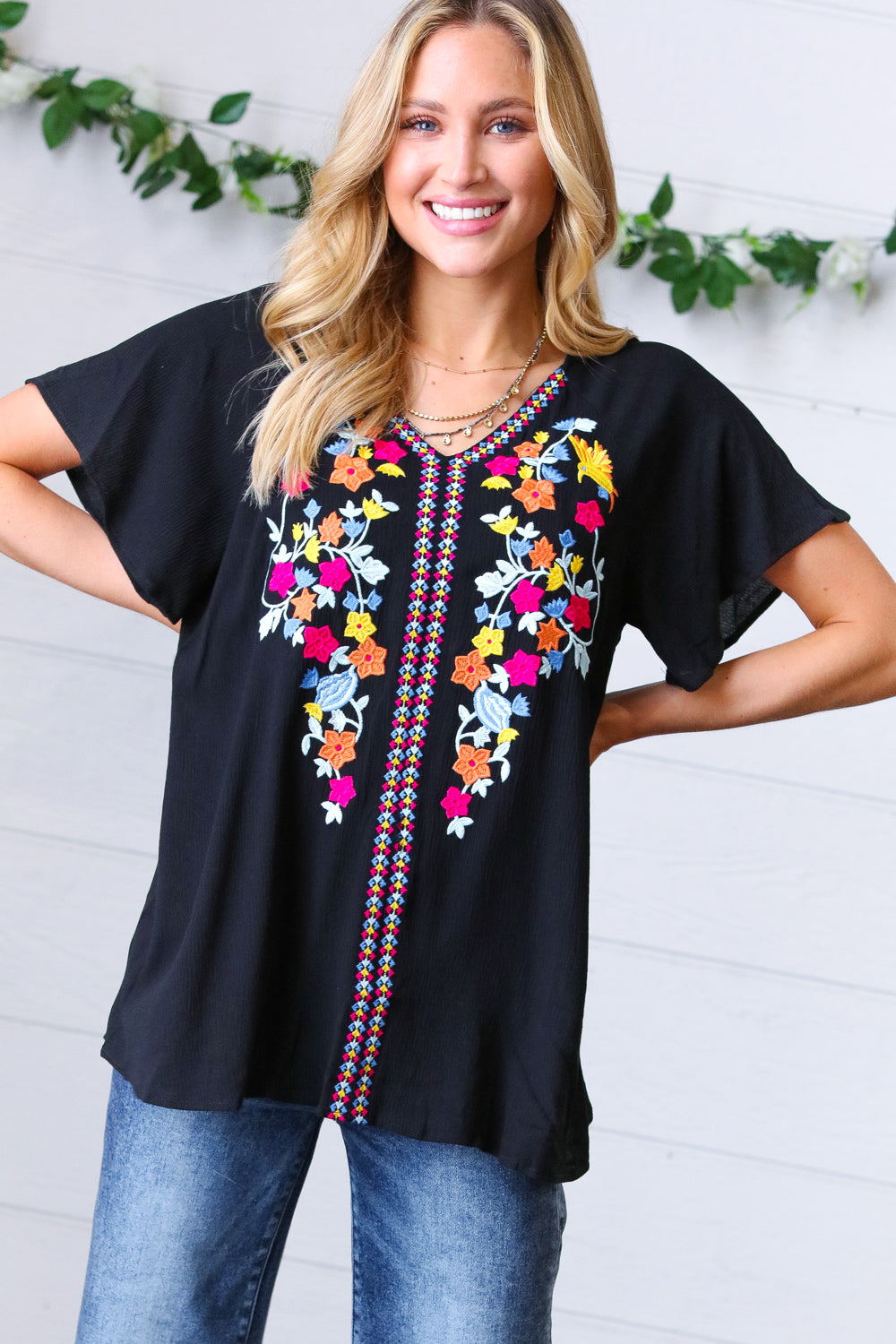 Black Floral Embroidered Flutter Sleeve Top