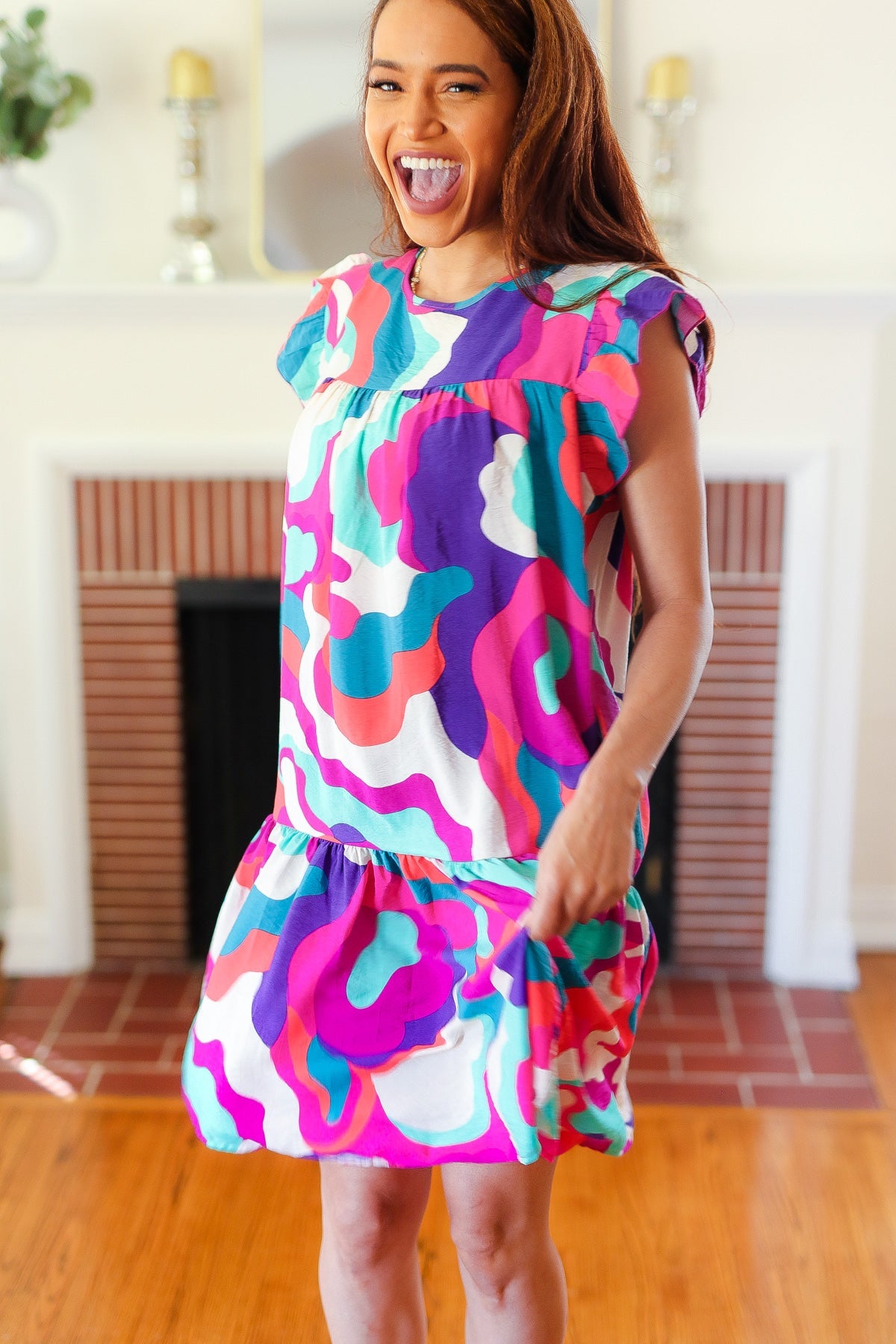 Go For Fun Fuchsia Geo Print Tiered Ruffle Sleeve Woven Dress