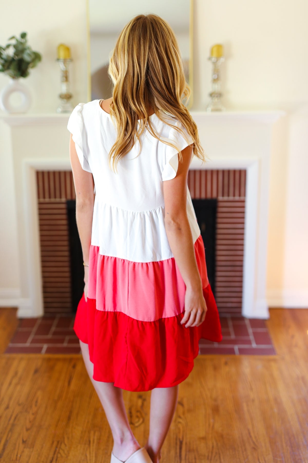 Peach & Cherry Red Tiered Frill Sleeve Midi Dress