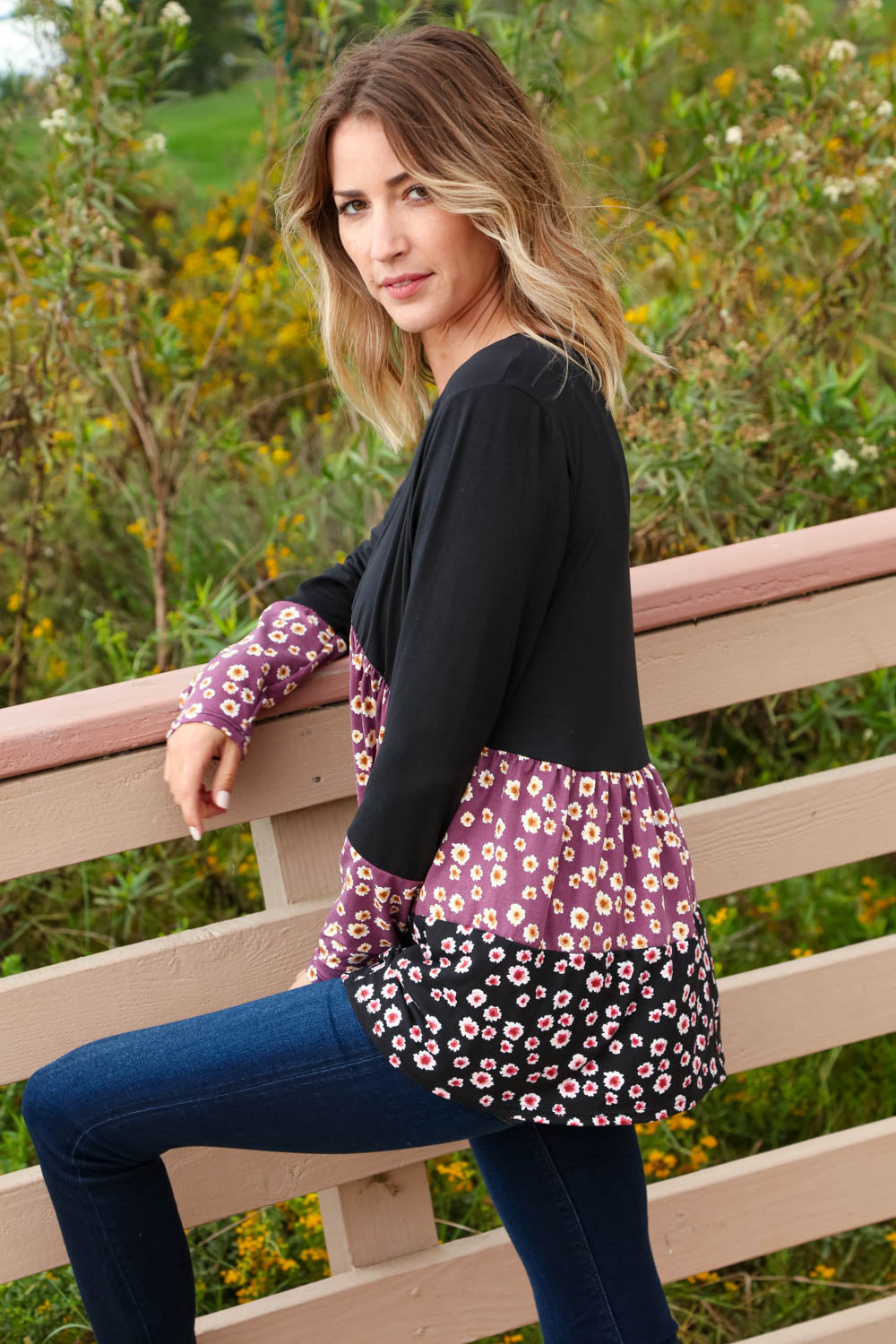 Babydoll Floral Block Tiered Long Sleeve Top