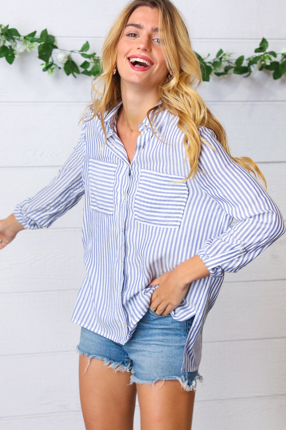 Blue Stripe Button-Up Poplin Shirt