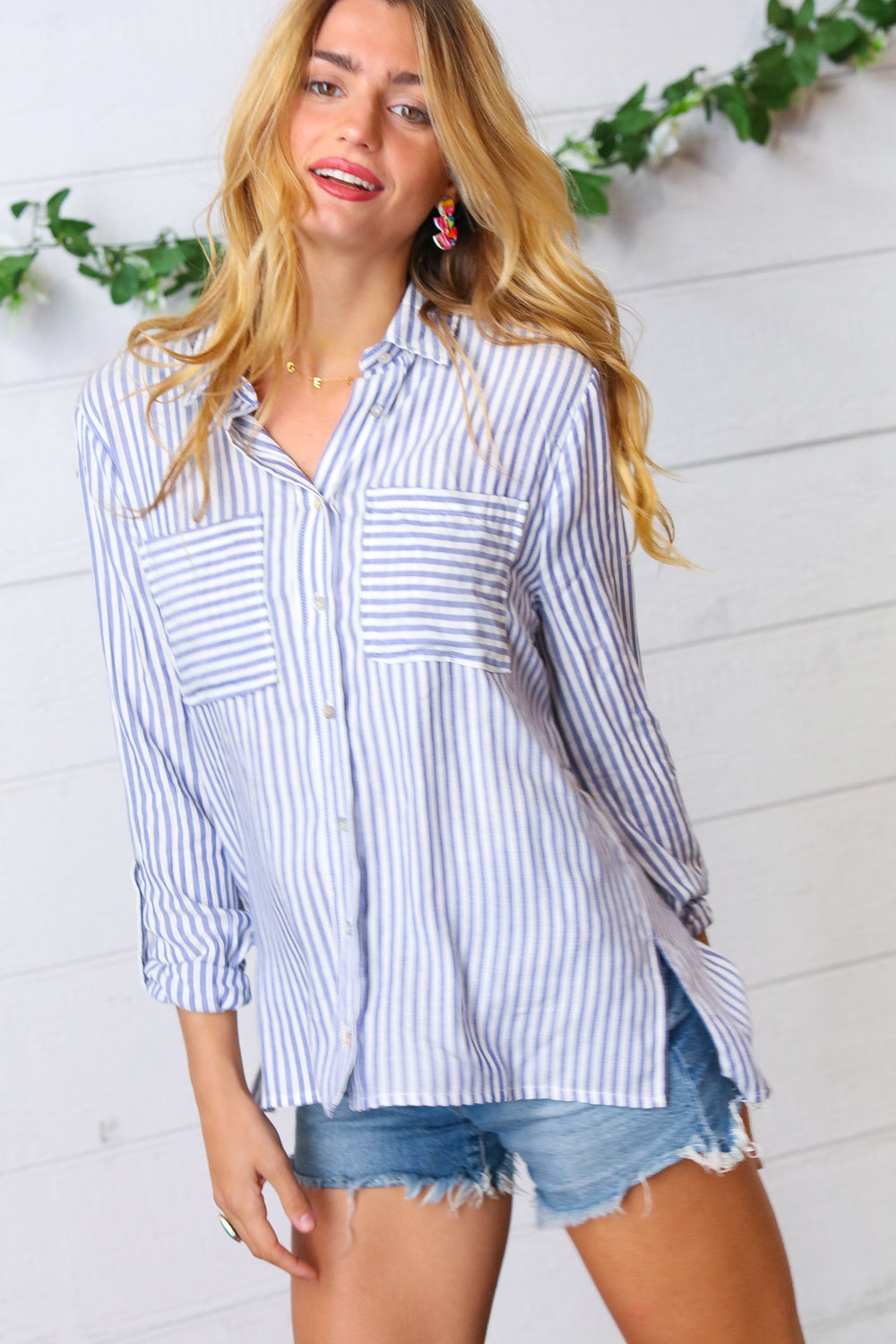 Blue Stripe Button-Up Poplin Shirt