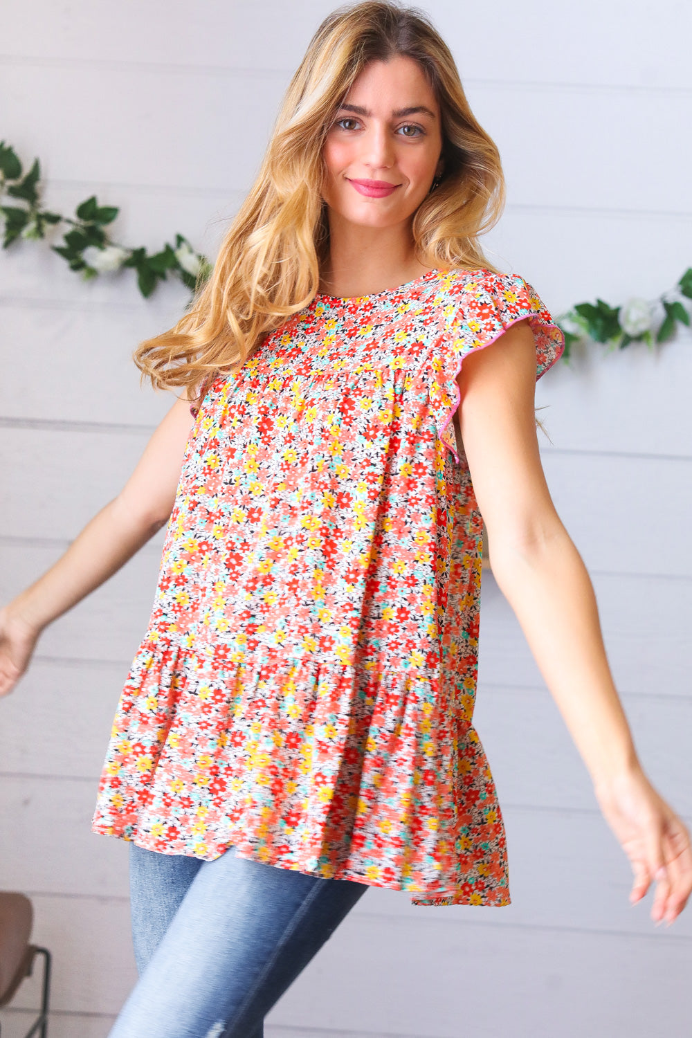 Sunset Floral Print Ruffle Tiered Keyhole Top