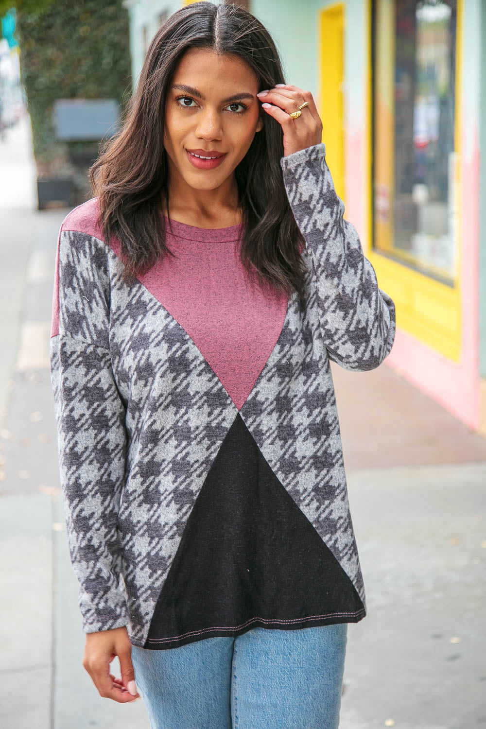 Houndstooth Cashmere Feel Color Block Top