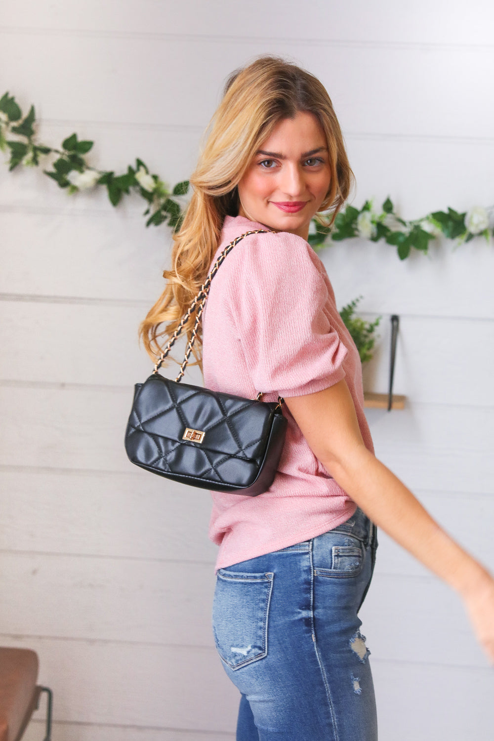Black Rectangular Quilted Chain Strap Clasp Bag
