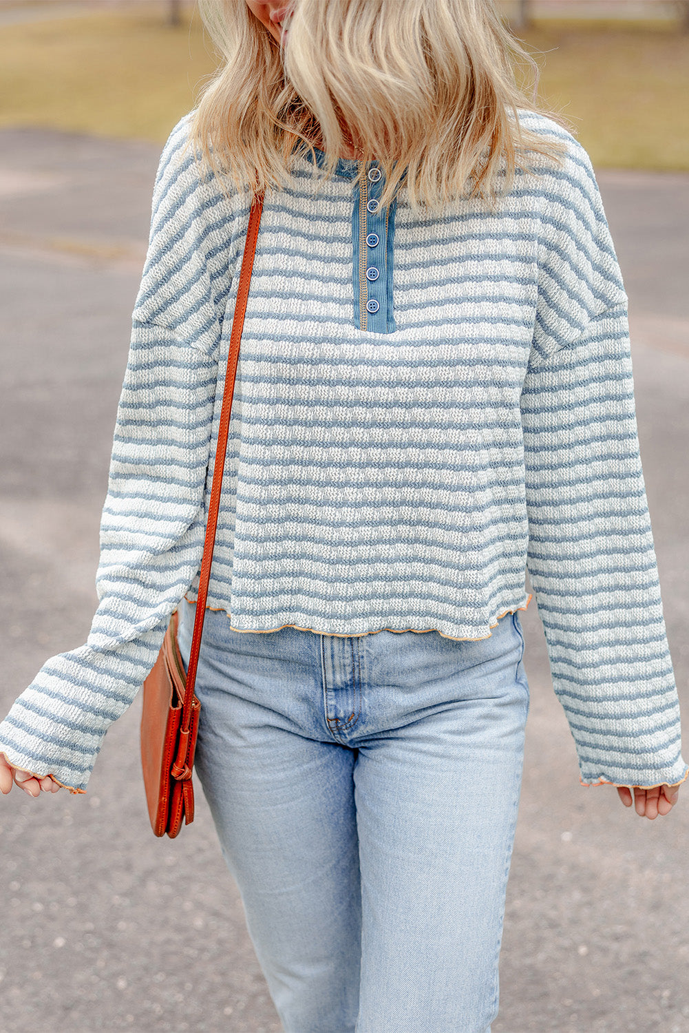 Sky Blue Stripe Textured Trim Henley Top