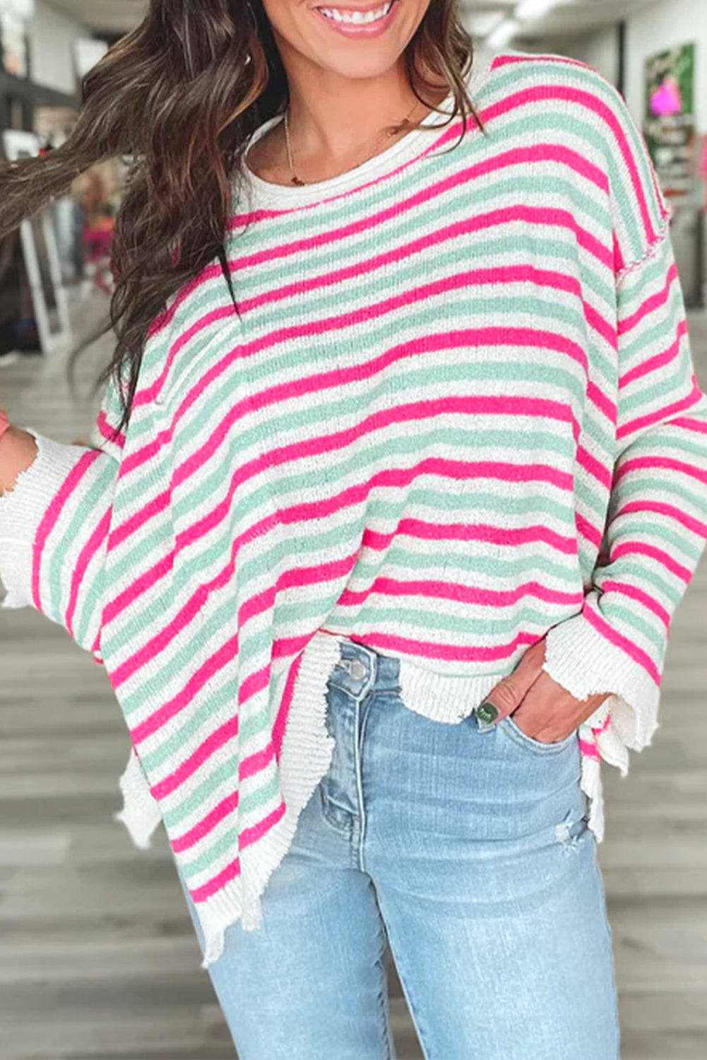 Stripe Oversized Drop Shoulder Sweater with Pocket