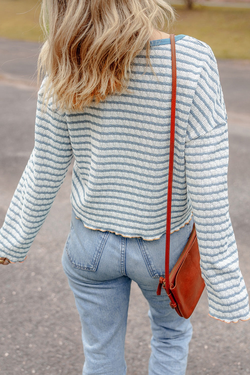 Sky Blue Stripe Textured Trim Henley Top