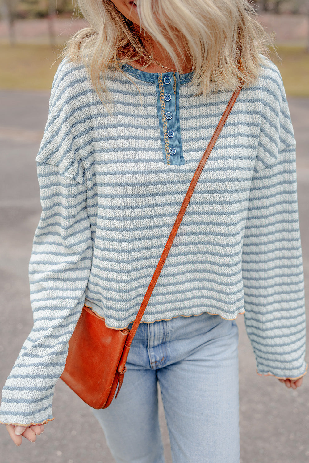 Sky Blue Stripe Textured Trim Henley Top