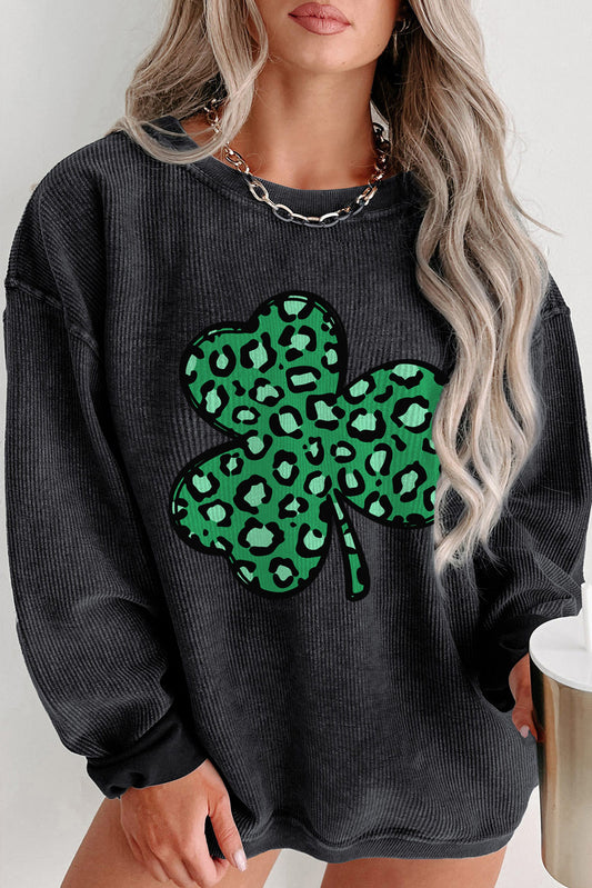Black Leopard Clover Graphic Plus Size Corded Sweatshirt