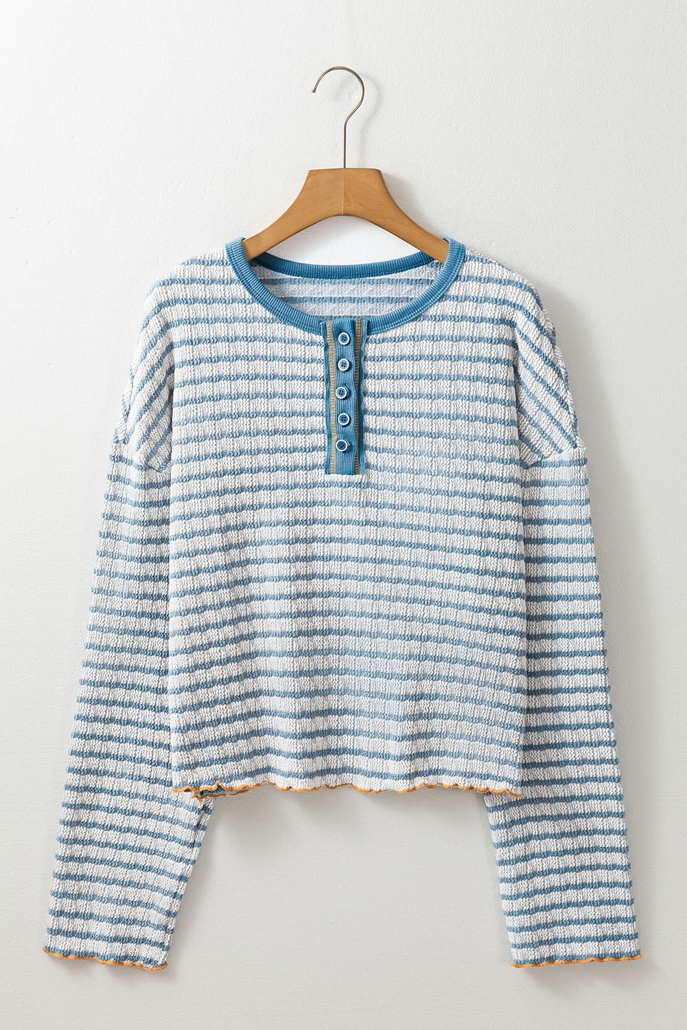 Sky Blue Stripe Textured Trim Henley Top