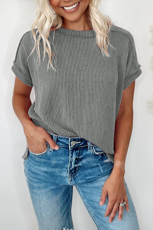 Grey Textured Knit Exposed Stitching T-shirt