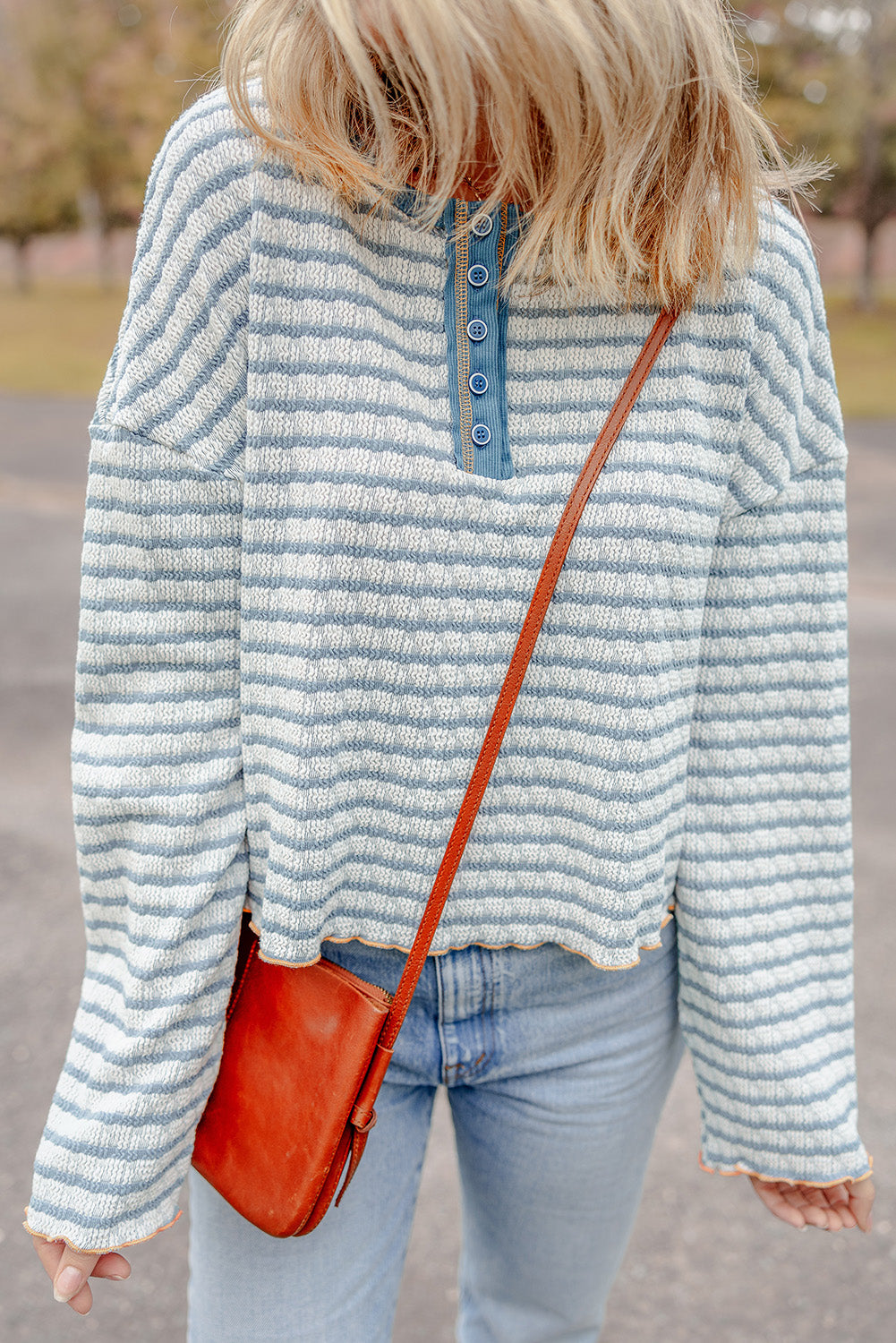 Sky Blue Stripe Textured Trim Henley Top