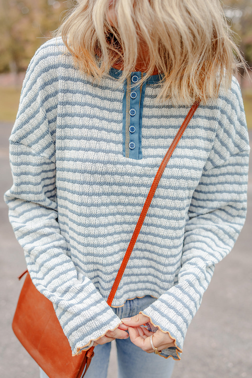 Sky Blue Stripe Textured Trim Henley Top