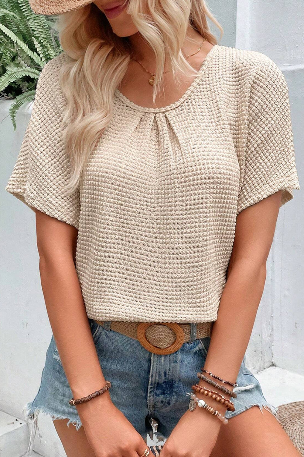 Oatmeal Lace Patch Textured Top
