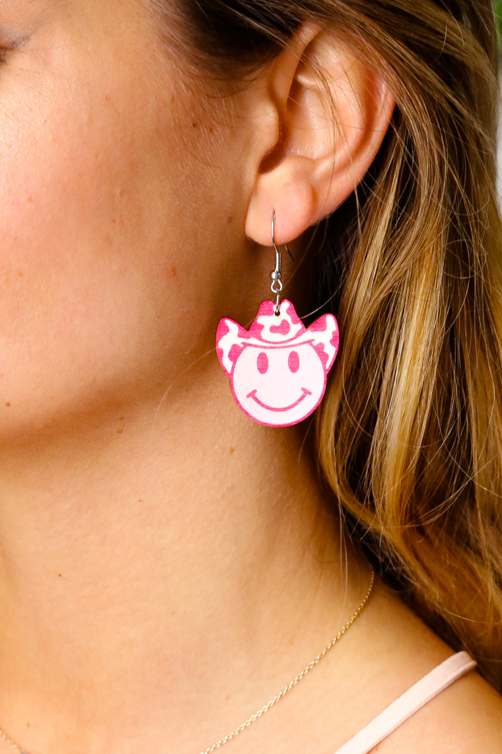 Pink Wooden Western Smiley Face Earrings