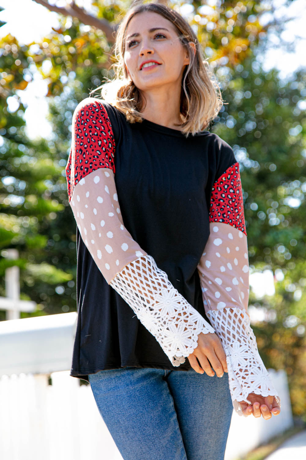 Leopard Color Block Lace Sleeve Knit Top