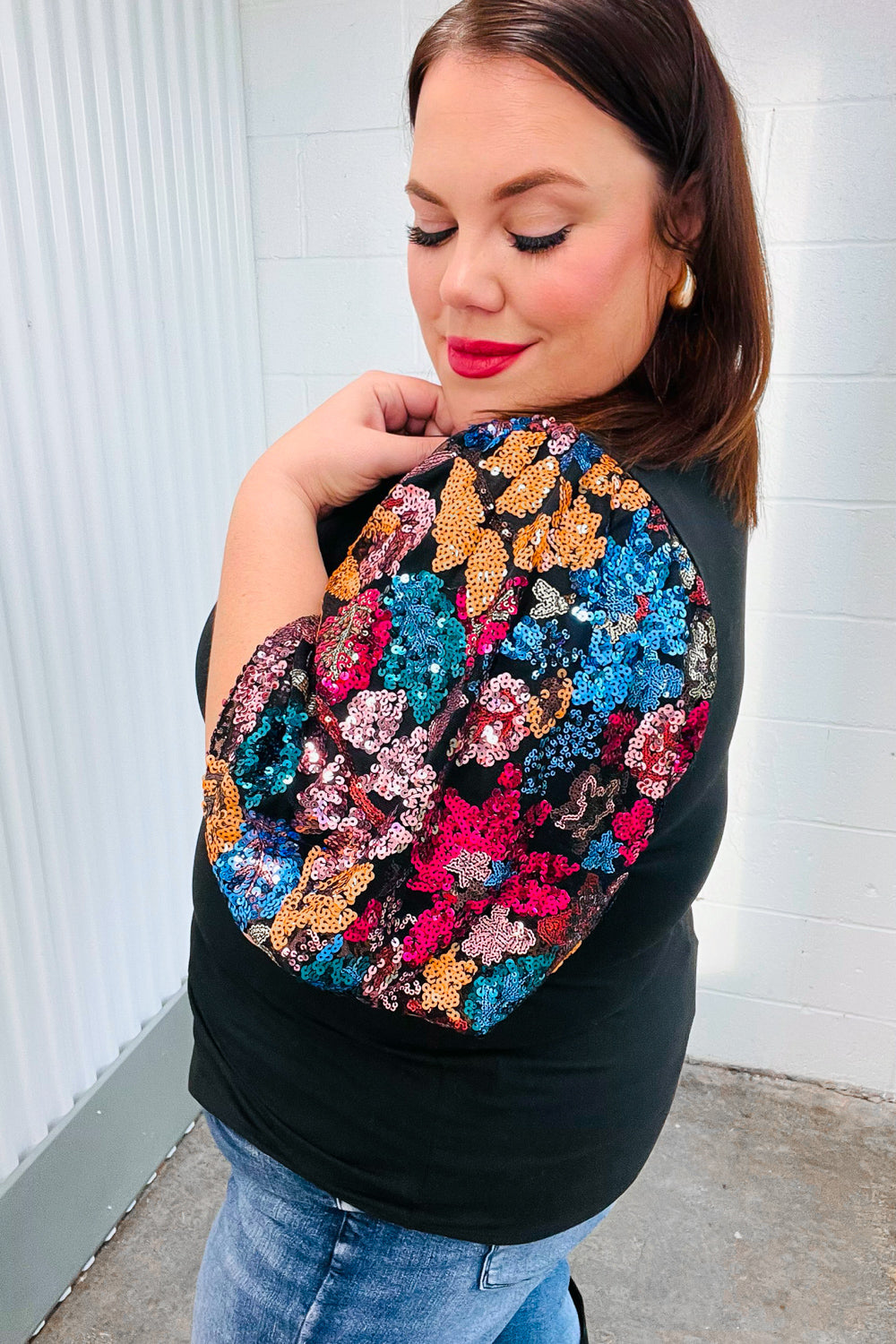 Glam Time Black Sequin Floral Puff Sleeve Top