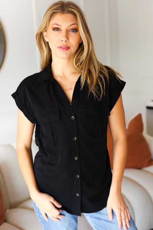 Live For Today Black V Neck Collared Button Up Tencel Top