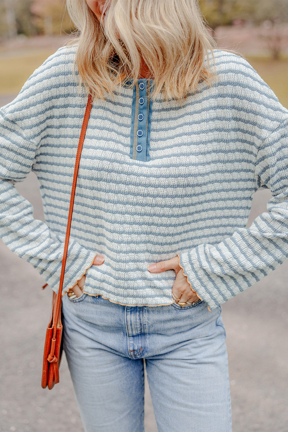 Sky Blue Stripe Textured Trim Henley Top