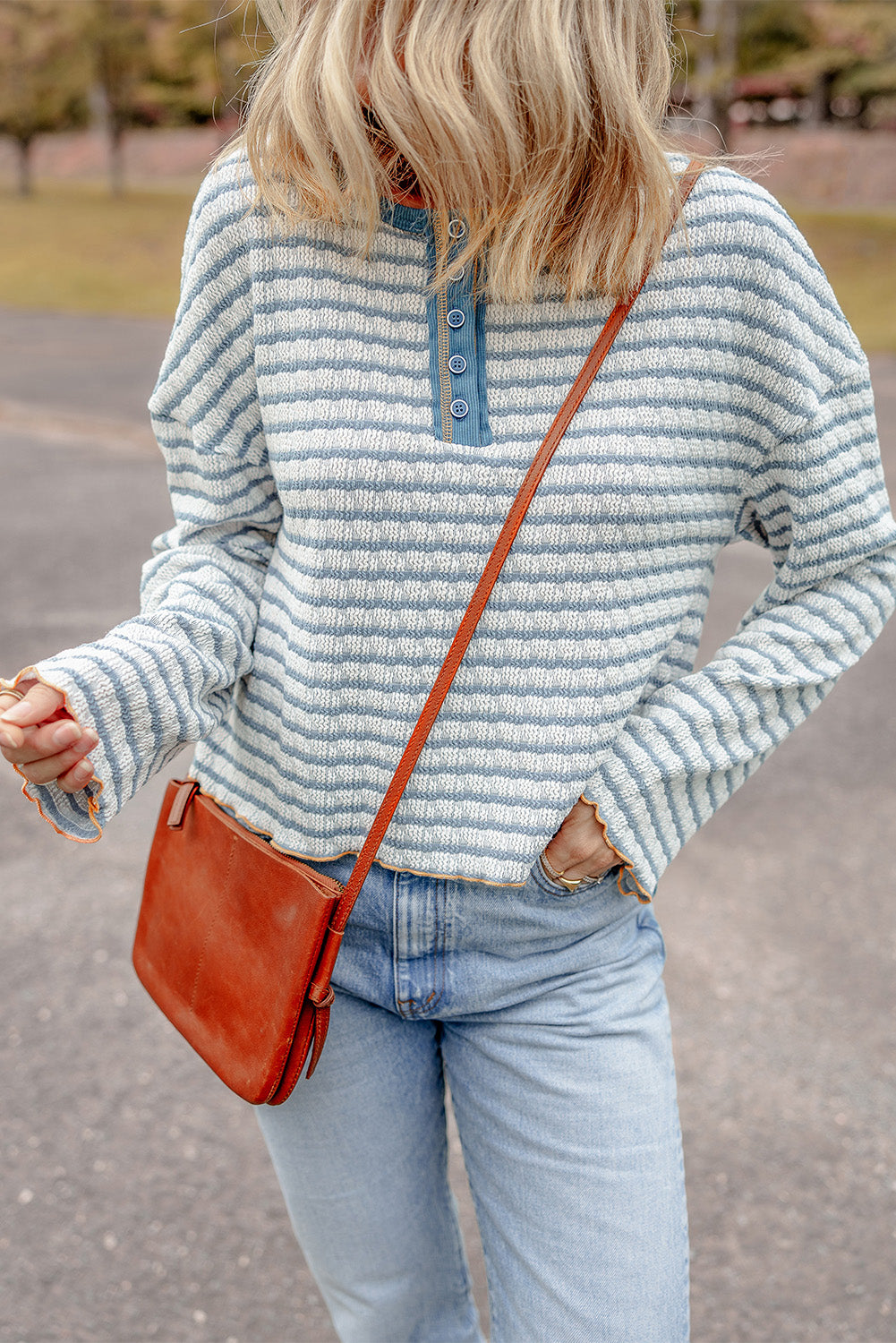 Sky Blue Stripe Textured Trim Henley Top