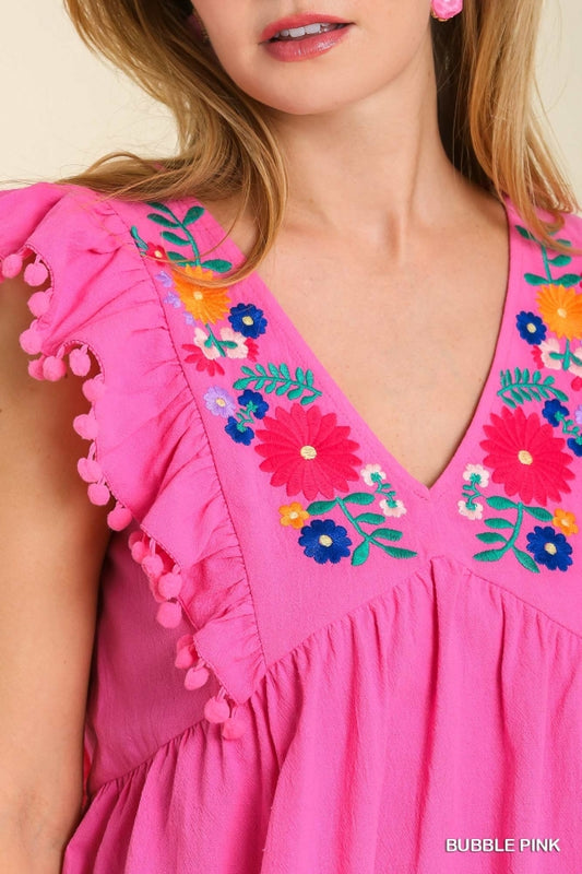 Floral Embroidery Top with Pom Pom Details